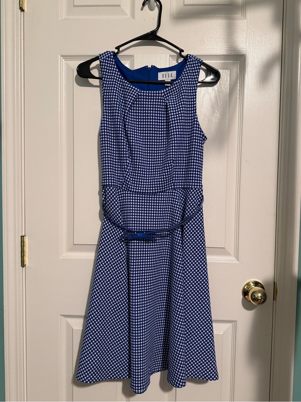ELLE Blue and White Gingham Fit-and-Flare Dress